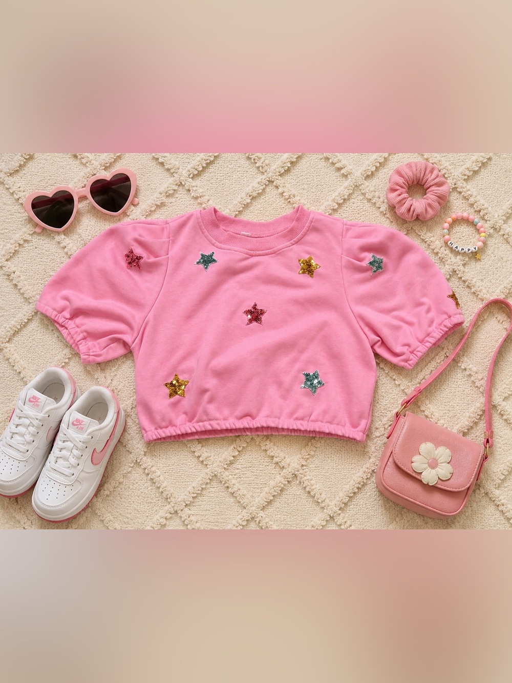 Cloud Ten Girls Pink Sequin Star Puff Sleeve Sweatshirt Size S